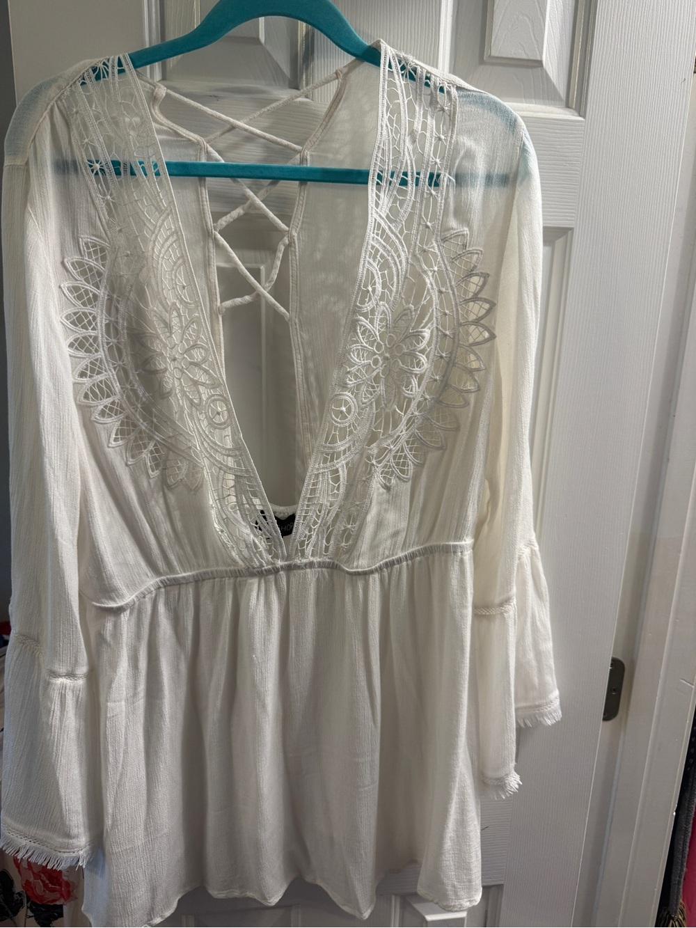 Topshop Large white Boho Lace-Up Peasant Tunic